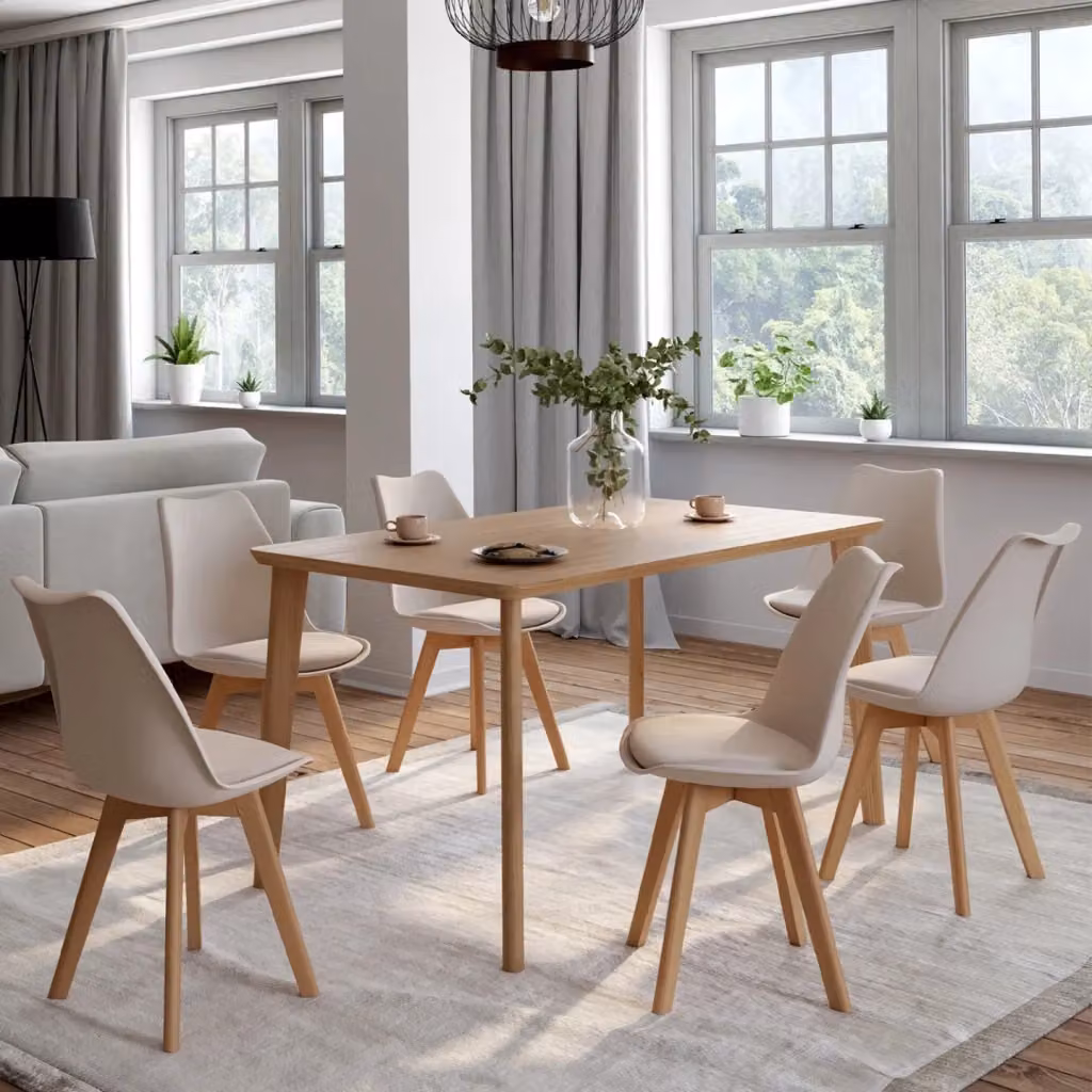Set di 6 sedie da pranzo in stile scandinavo SARA beige con struttura in legno e seduta in tessuto – 2