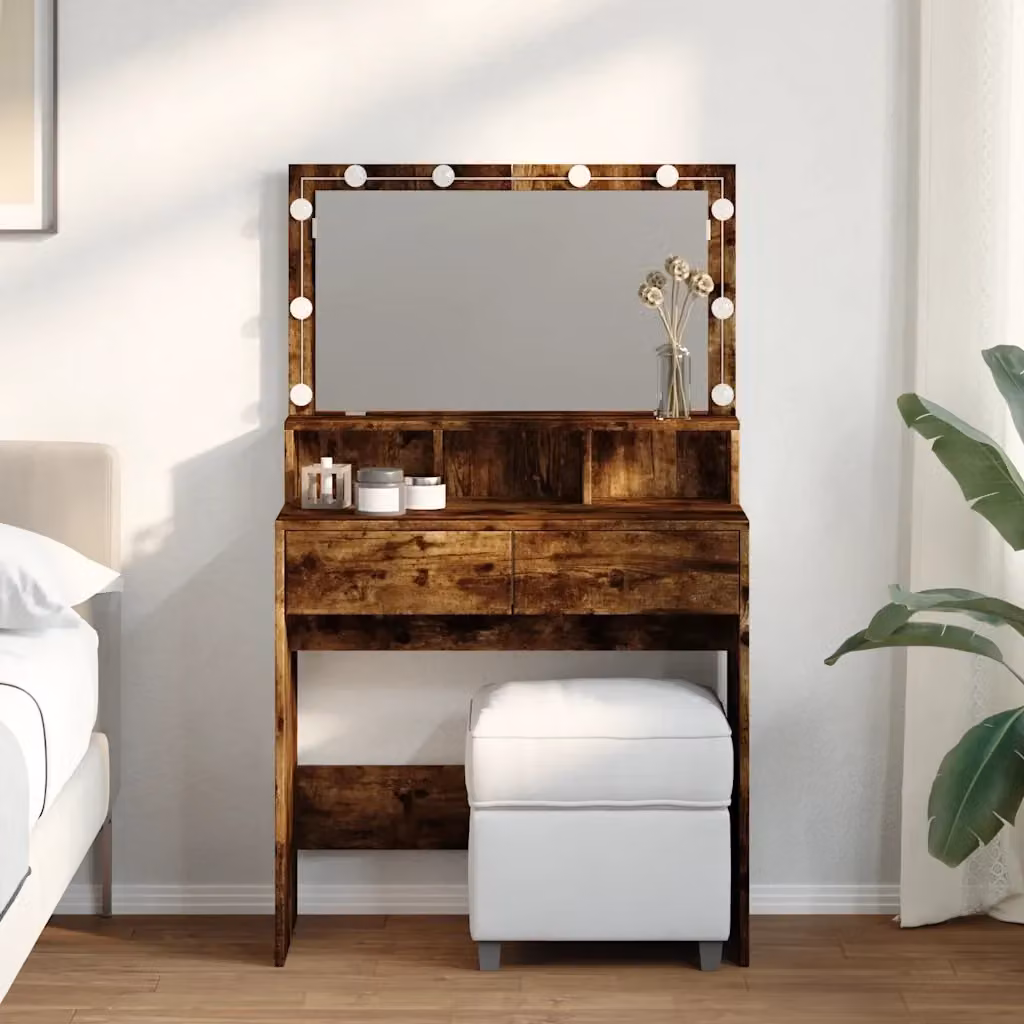 Toeletta Hollywood LED in Rovere Fumo, Tavolo da Trucco Moderno L: 80 cm, P: 41 cm, H: 134,5 cm – 2