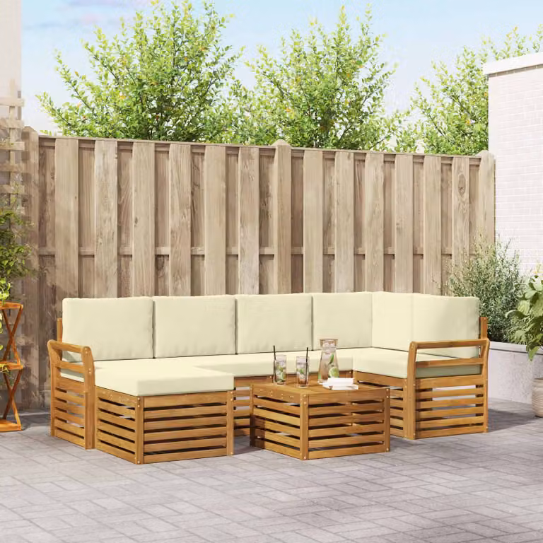 Set di divani da esterno vidaXL 7 pezzi in legno di acacia con cuscini beige e bianco per giardino e terrazza