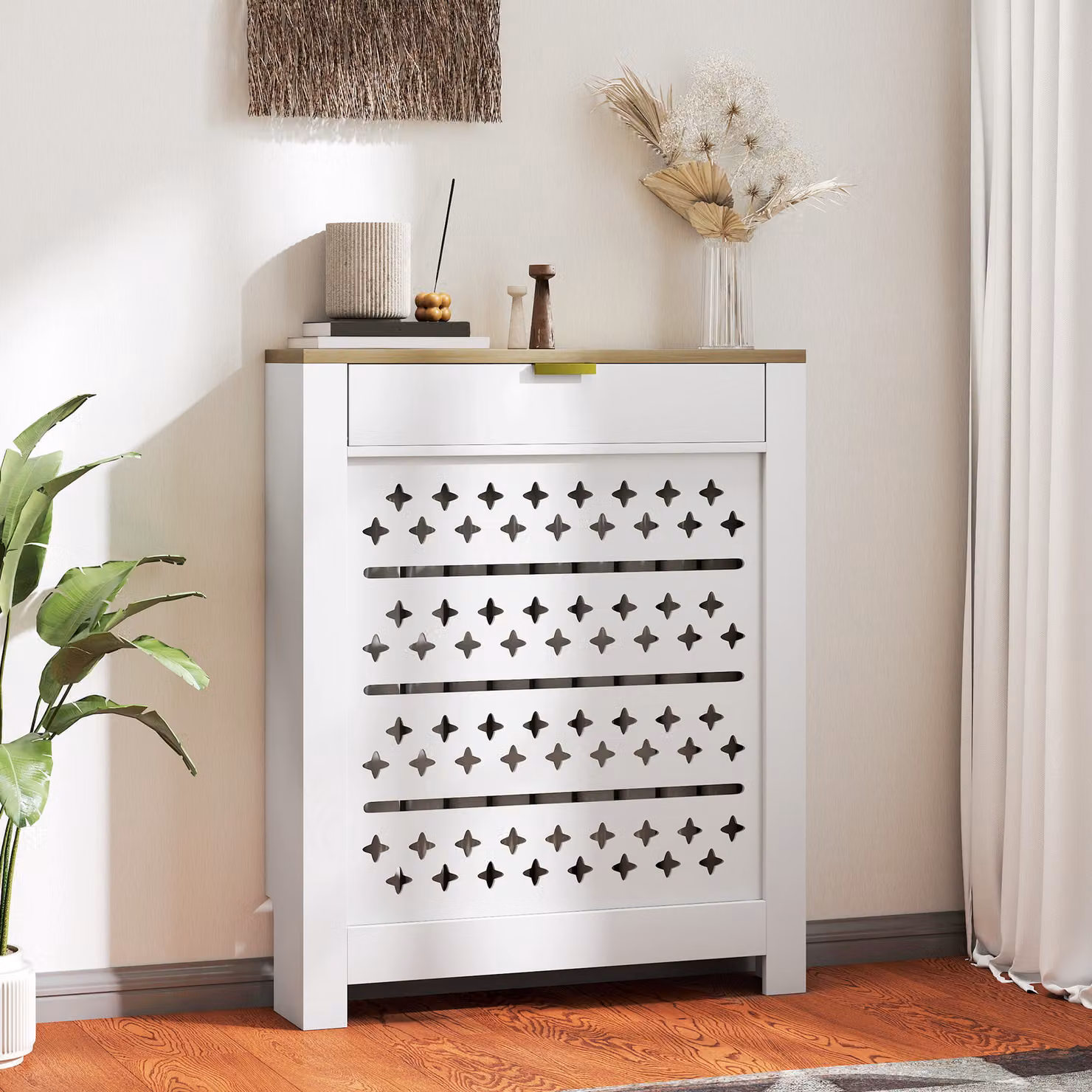 Copritermosifone HOMCOM con cassetto a ribalta e motivo geometrico a croce, design moderno in bianco opaco per soggiorno, corridoio o ufficio – 2