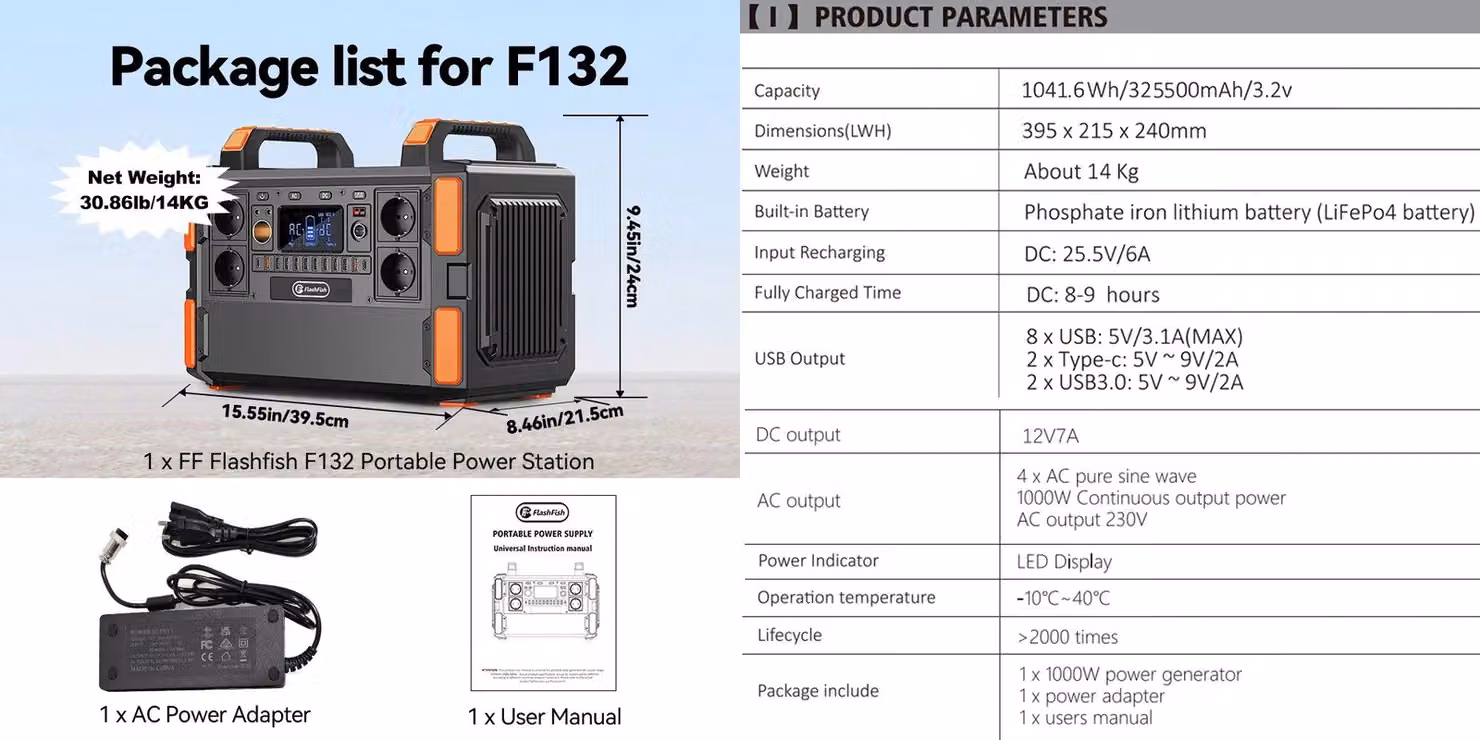 Centralina portatile da 1000W - 1041,6Wh - Generatore a onda sinusoidale pura con batteria LiFePO4