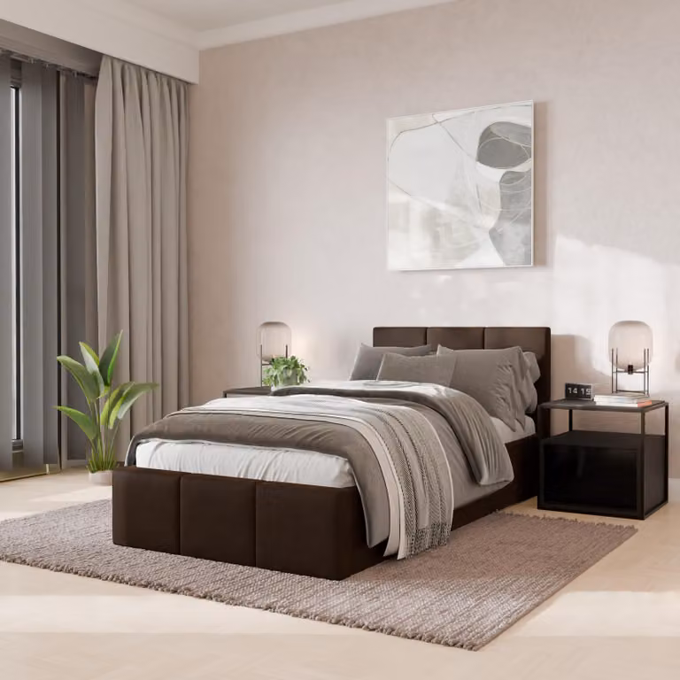 Muralo Letto imbottito per camera da letto Letto imbottito con rete e molla a gas Letto con testiera imbottita Letto singolo 90x200 Letto con contenitore Marrone