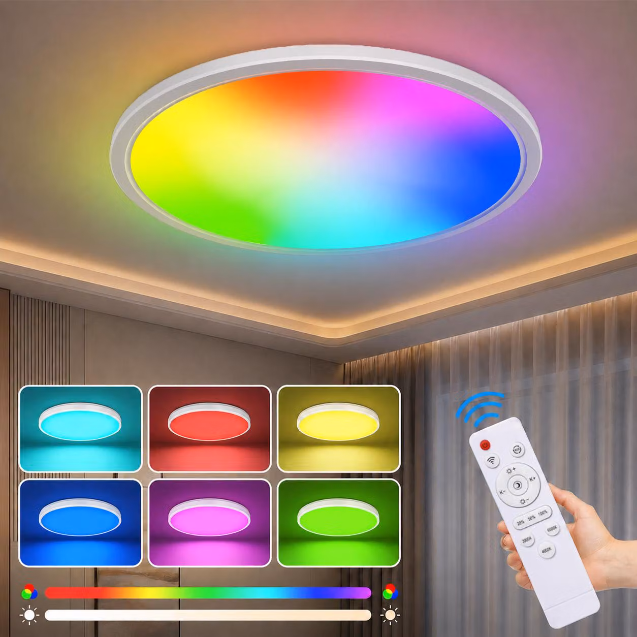 Plafoniera a LED da 24 W, 3000 K-6000 K, RGB, dimmerabile, con telecomando, per camera da letto, soggiorno e cucina