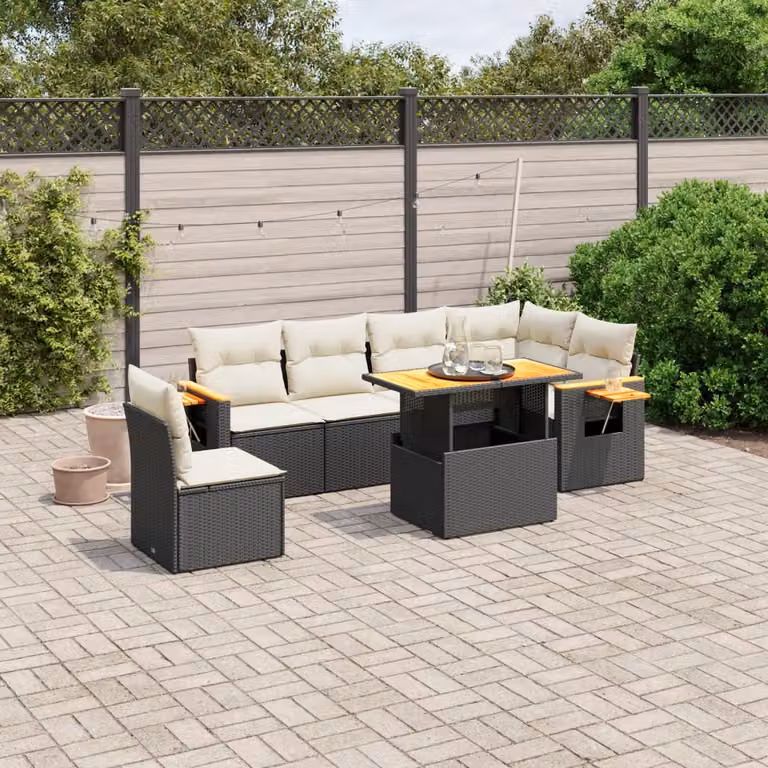 Set Divani da Giardino vidaXL a L con Tavolino, 7 Pezzi in Polyrattan Nero e Cuscini Bianchi
