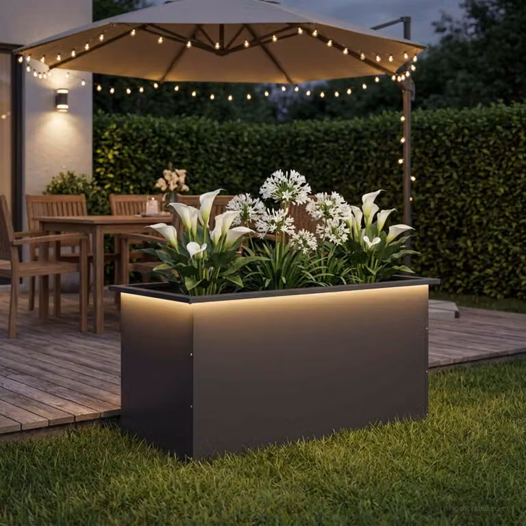 Fioriera da giardino con LED vidaXL in acciaio nero L: 100 cm, P: 50 cm, H: 48 cm