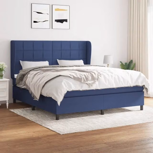 Letto Ibrido vidaXL con Giroletto a Molle e Materasso in Tessuto Blu e Bianco L/P/H: 160 x 200 x 203 cm