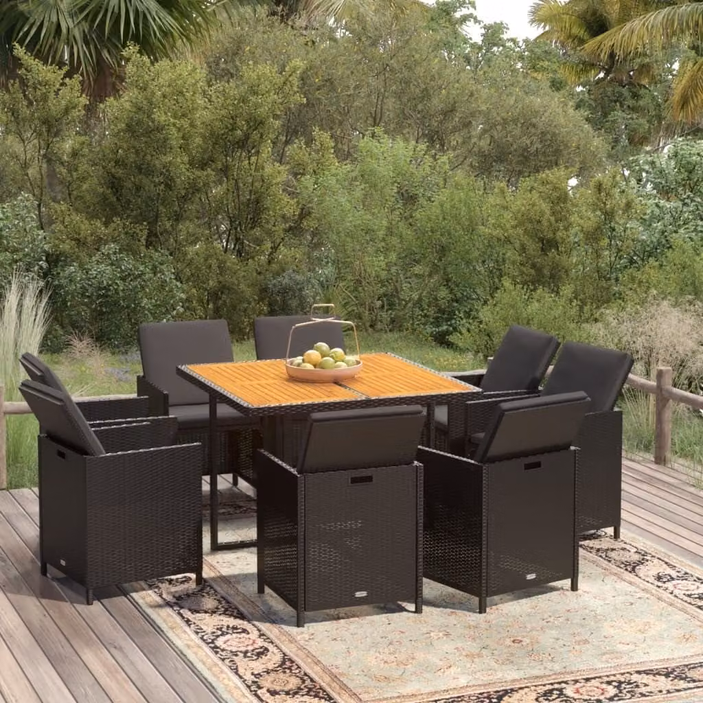 The Living Store Set da pranzo da giardino 9 pezzi con cuscini in poly rattan nero