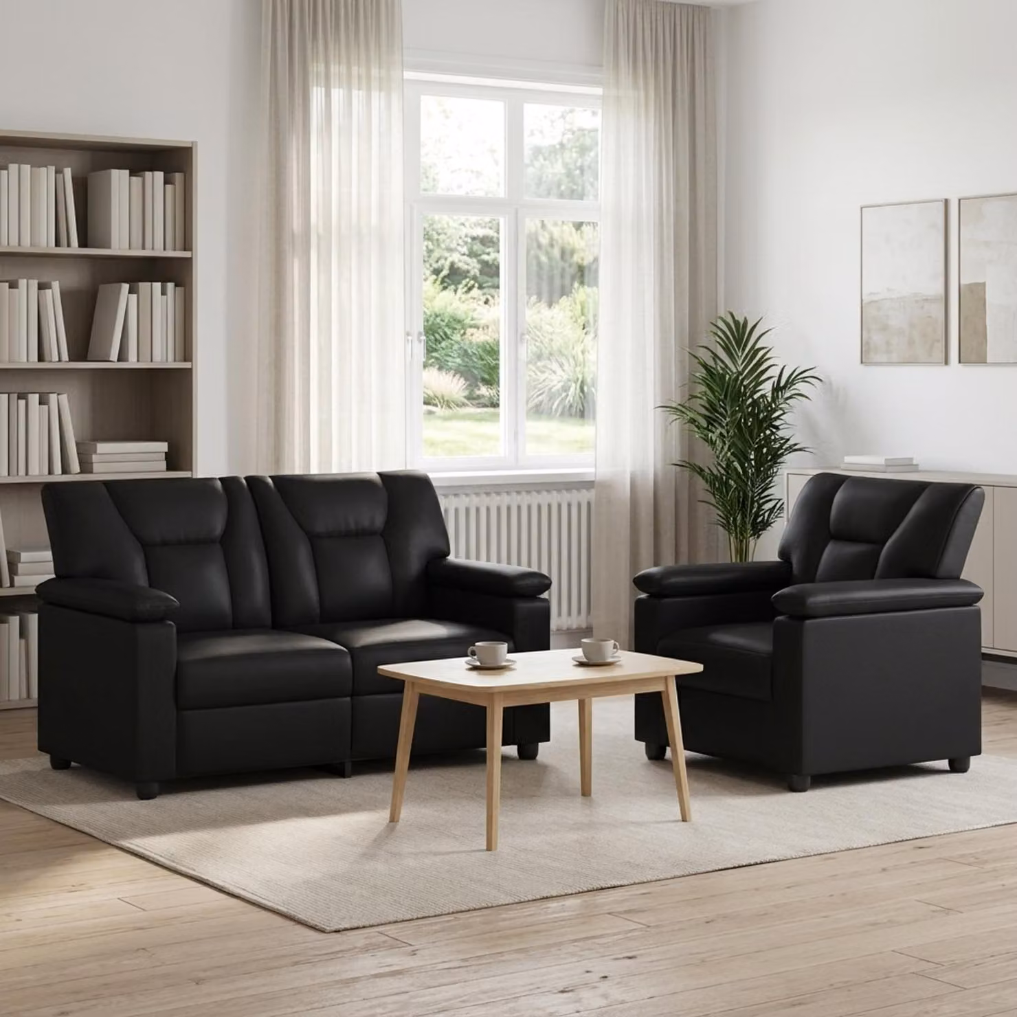 Set di 2 divani moderni vidaXL in similpelle nera con struttura in metallo e coperture rimovibili