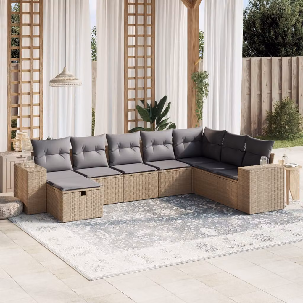 vidaXL Set Divano da Giardino a L 8 pz con Cuscini Beige e Grigio in Polyrattan e Metallo – 1