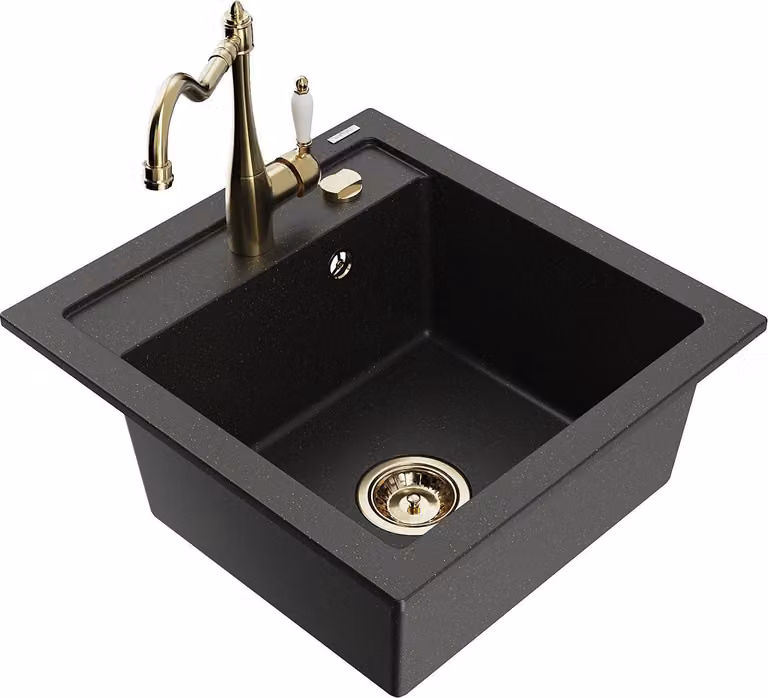Mexen Vito lavello in granito 1-vasca con rubinetto da cucina Carla, nero/oro metallico - 6503-75-670700-50