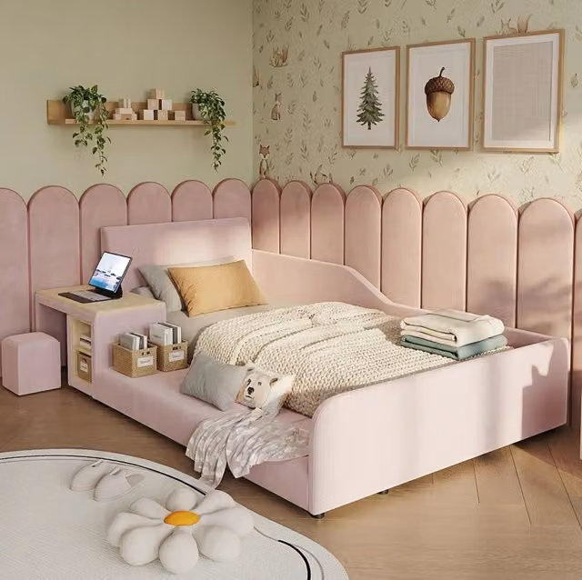 Letto singolo imbottito per bambini 90x200 cm con scrivania; sgabello e ripiano; velluto rosa