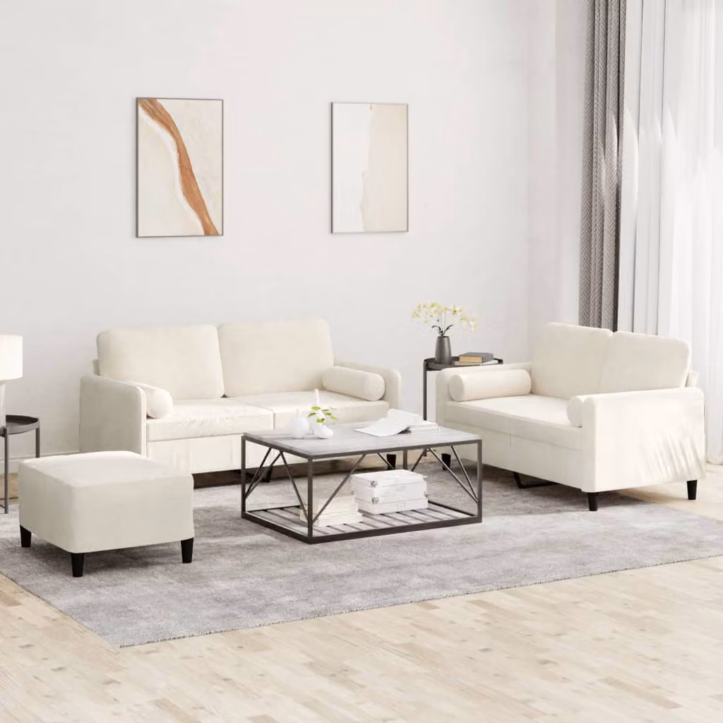 Set di divani 3 pezzi vidaXL in velluto beige e bianco con cuscini per il tuo soggiorno moderno