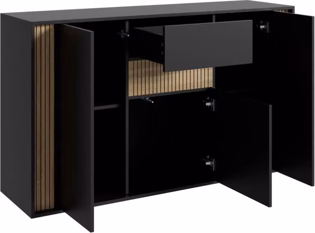 Credenza nera con venature naturali, 3 ante, 1 cassetto e illuminazione LED regolabile, 140x40x82 cm