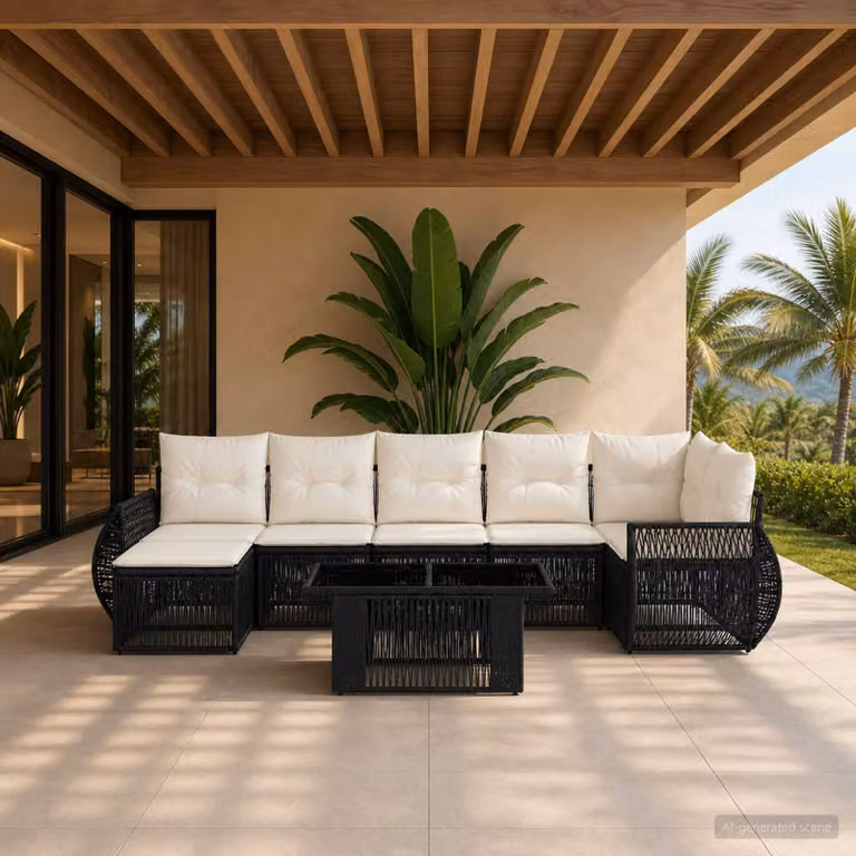 Set Divano da Giardino vidaXL 8 pz in Polyrattan Nero e Bianco Crema con Cuscini e Tavolino