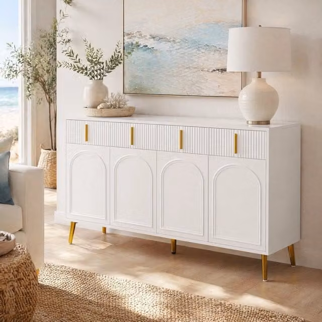 Sideboard 140 cm con 4 cassetti; 4 ante; ripiani regolabili; MDF bianco con dettagli oro