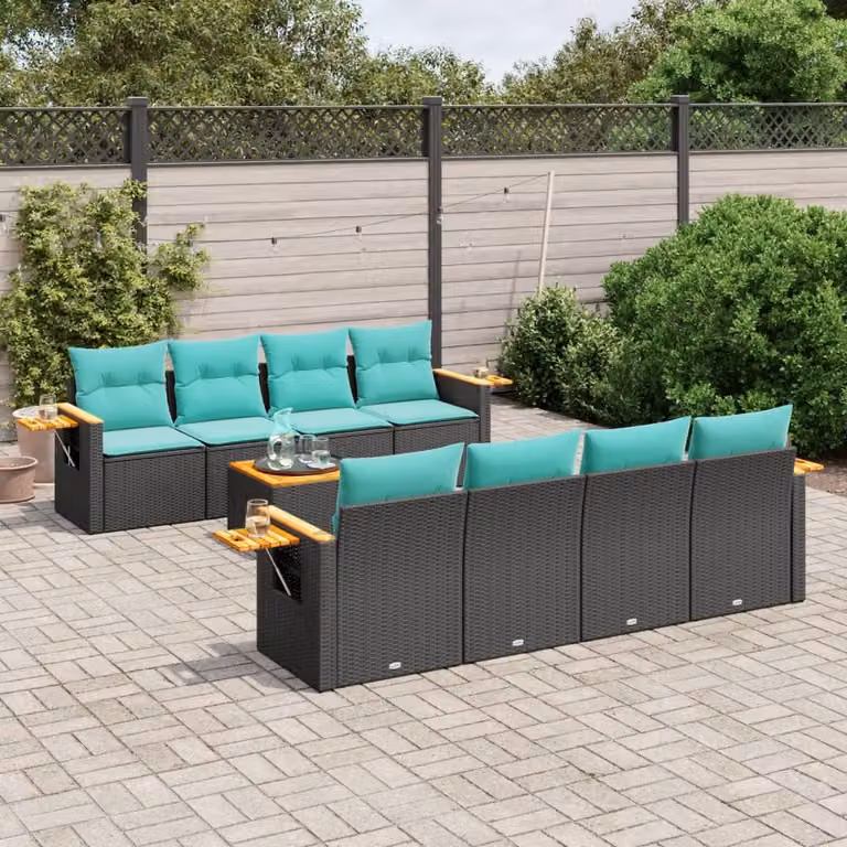 vidaXL Set Divani da Giardino 9 pz in Polyrattan con Cuscini e Tavolino da Caffè Nero