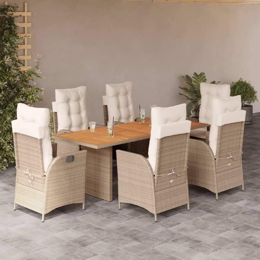 Set da pranzo da giardino vidaXL in polyrattan e legno di acacia con 7 pezzi e cuscini beige e bianchi – 1
