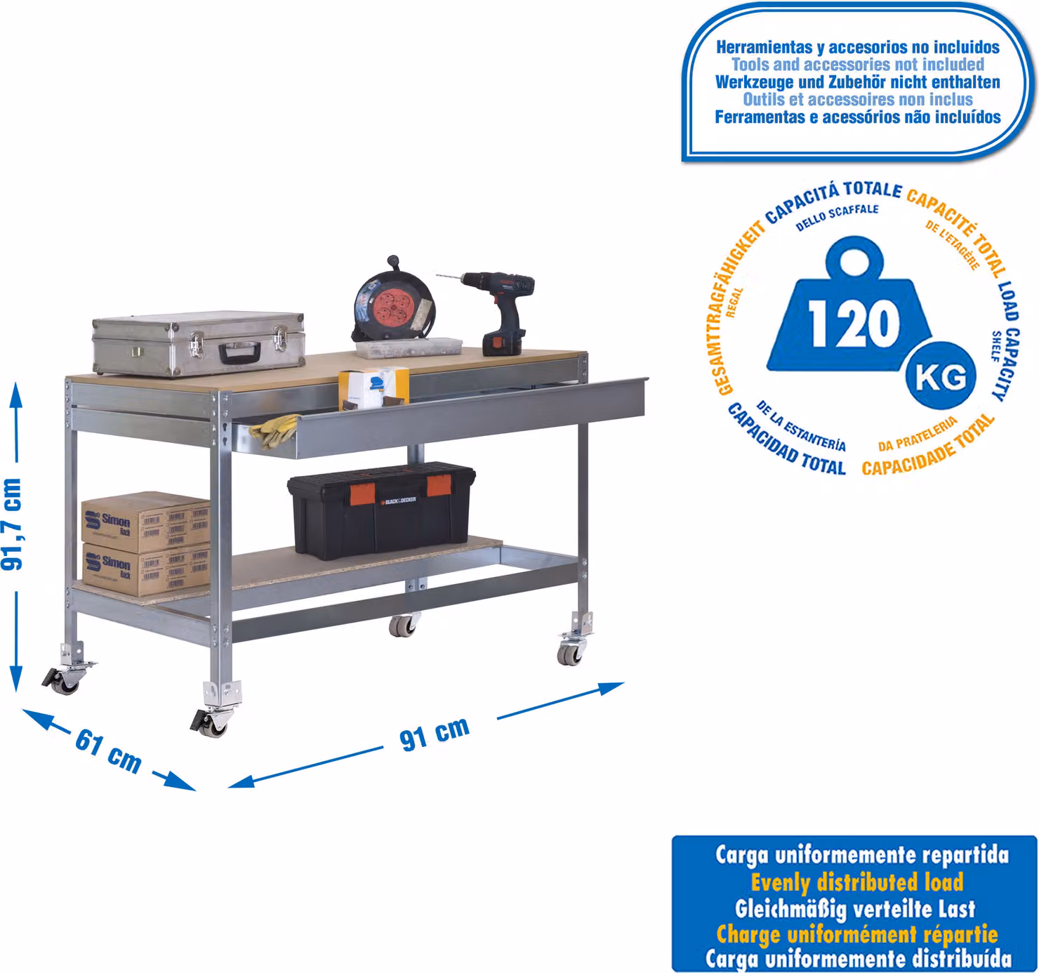 Tavolo da lavoro in metallo e montaggio senza parafusibili SIMONWORK MOBILE BT0 BOX 900 GALVA/LEGNO