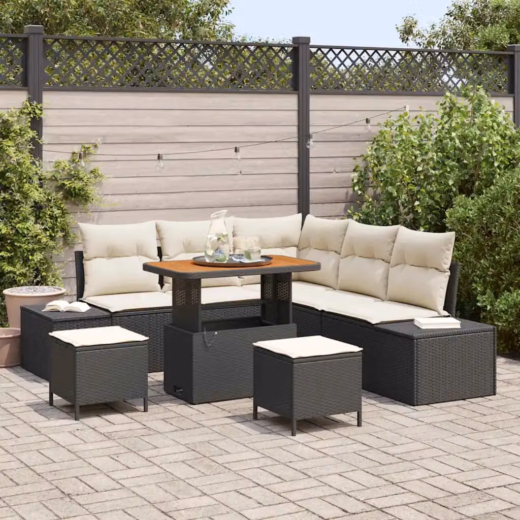 Set Divano da Giardino vidaXL 8 Pezzi in Poly Rattan Nero con Cuscini e Tavolino – 1