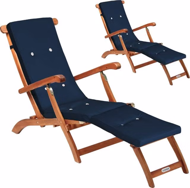 Set di 2 lettini da giardino Queen Mary Casaria in legno di acacia certificata FSC con cuscini blu e poggiatesta regolabile