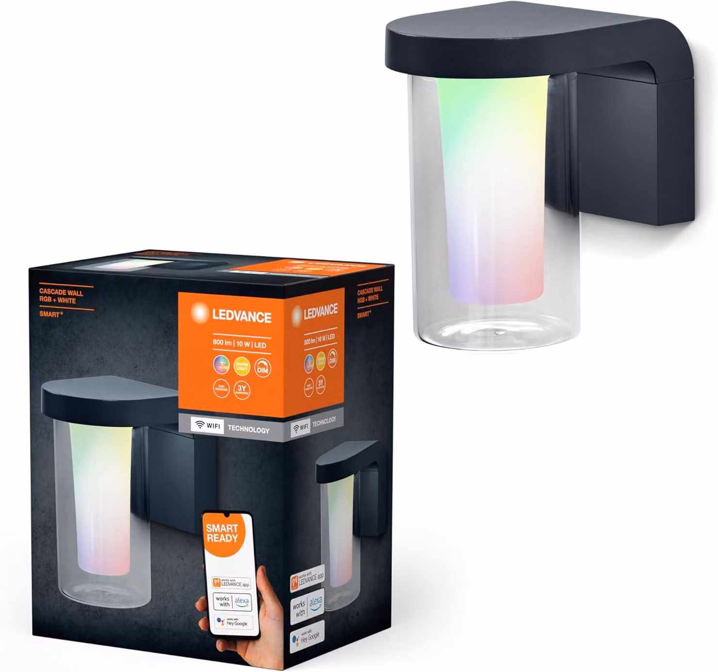 LEDVANCE SMART+ WI-FI CASCADE RGBW 18cm- applique LED dimmerabile grigio scuro per esterni con alloggiamento in alluminio di alta qualità, controllo colore RGB, 10 W, 3000 Kelvin bianco caldo, 420 lumen, IP44