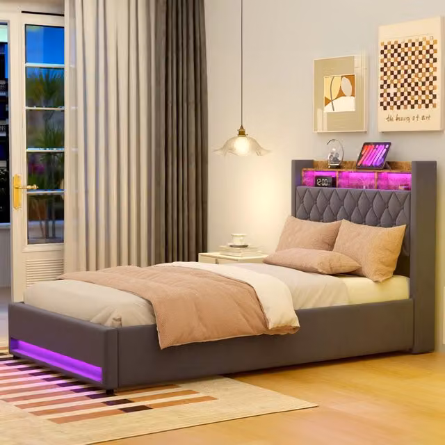 Letto doppio a contenitore 140x190 cm con testiera a nicchie; LED e porta USB in velluto grigio scuro; sommier incluso