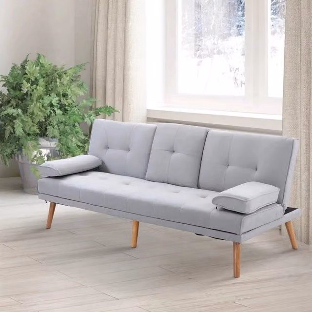 Divano letto a 3 posti con schienale regolabile e tavolino centrale in poliestere grigio chiaro 181 × 77 × 72 cm