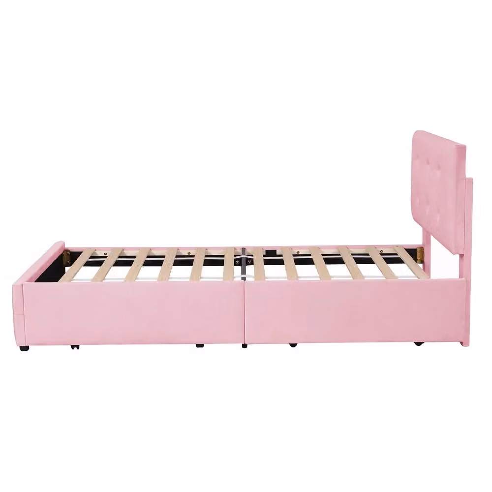Letto singolo imbottito Minimal in velluto rosa con rete a doghe e due cassetti L 90 cm x P 200 cm – 2