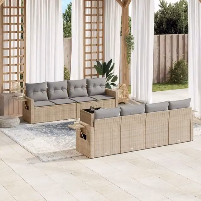 vidaXL Set Divano da Giardino 9 pz in Polyrattan con Cuscini Beige e Grigio e Tavolino da Caffè – 1