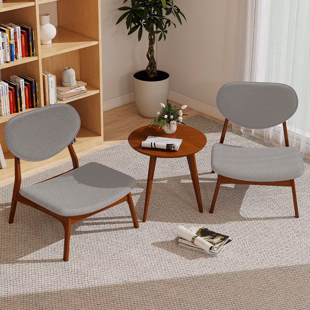 Set di 2 sedie da salotto imbottite in velluto di pecora e legno massello Costway, colore grigio, stile mid-century con tavolino