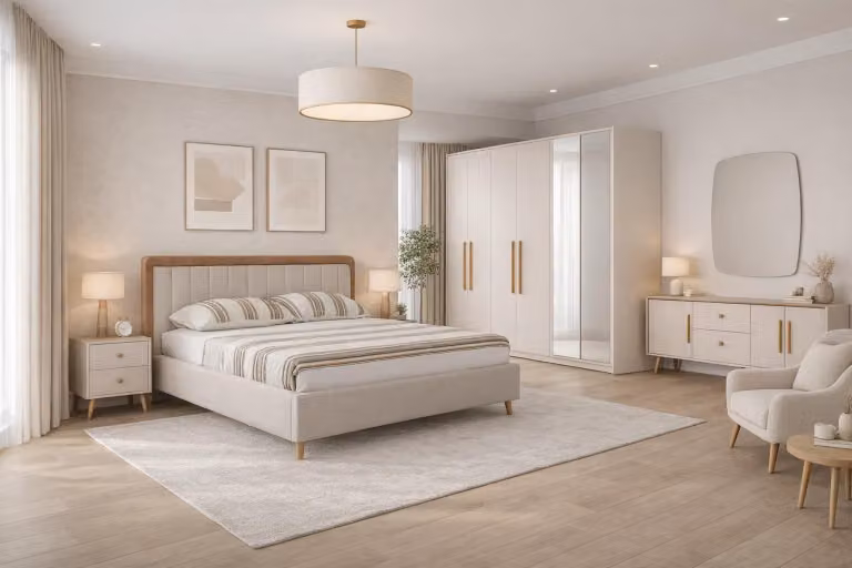 Set completo per camera da letto elegante: letto imbottito, grande armadio, consolle