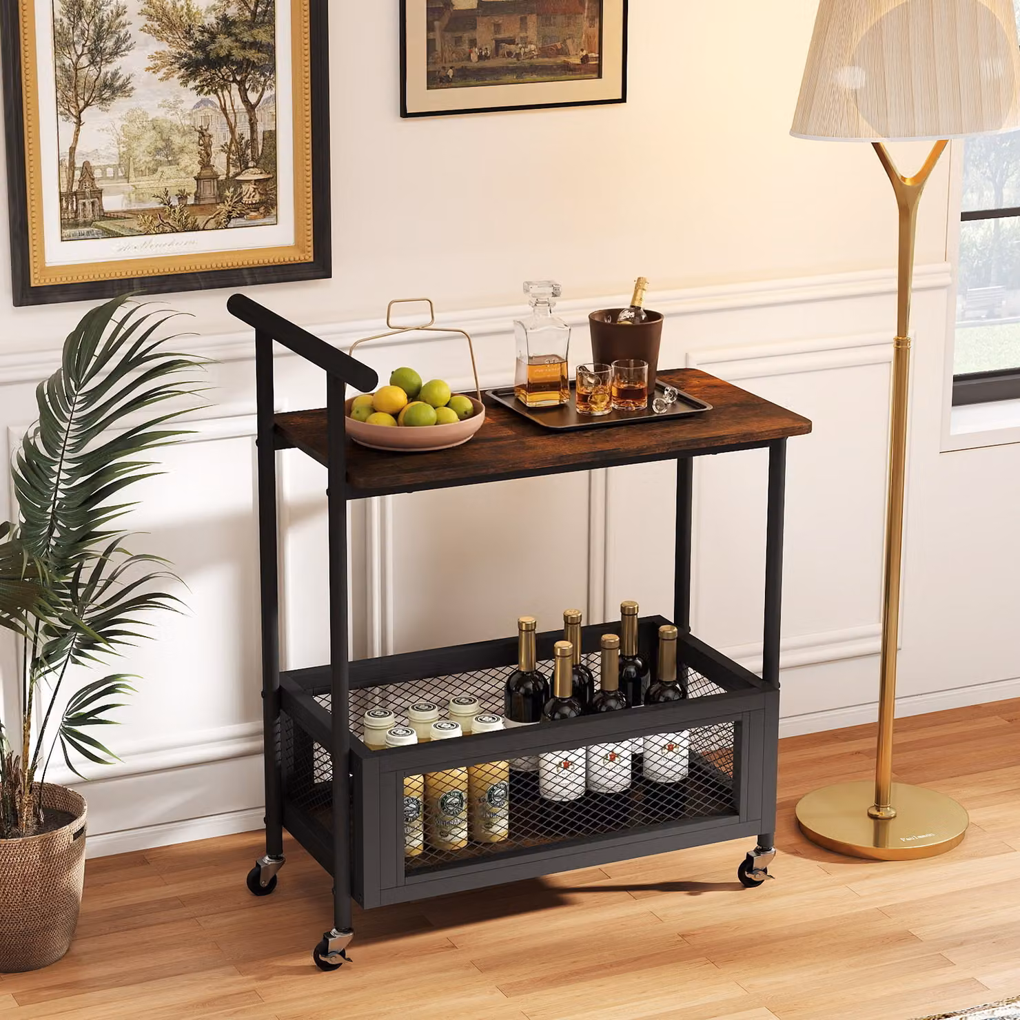 Tavolino con ruote e maniglia laterale Costway in stile industrial con 2 ripiani in legno e struttura in metallo nero o marrone per soggiorno e camera da letto