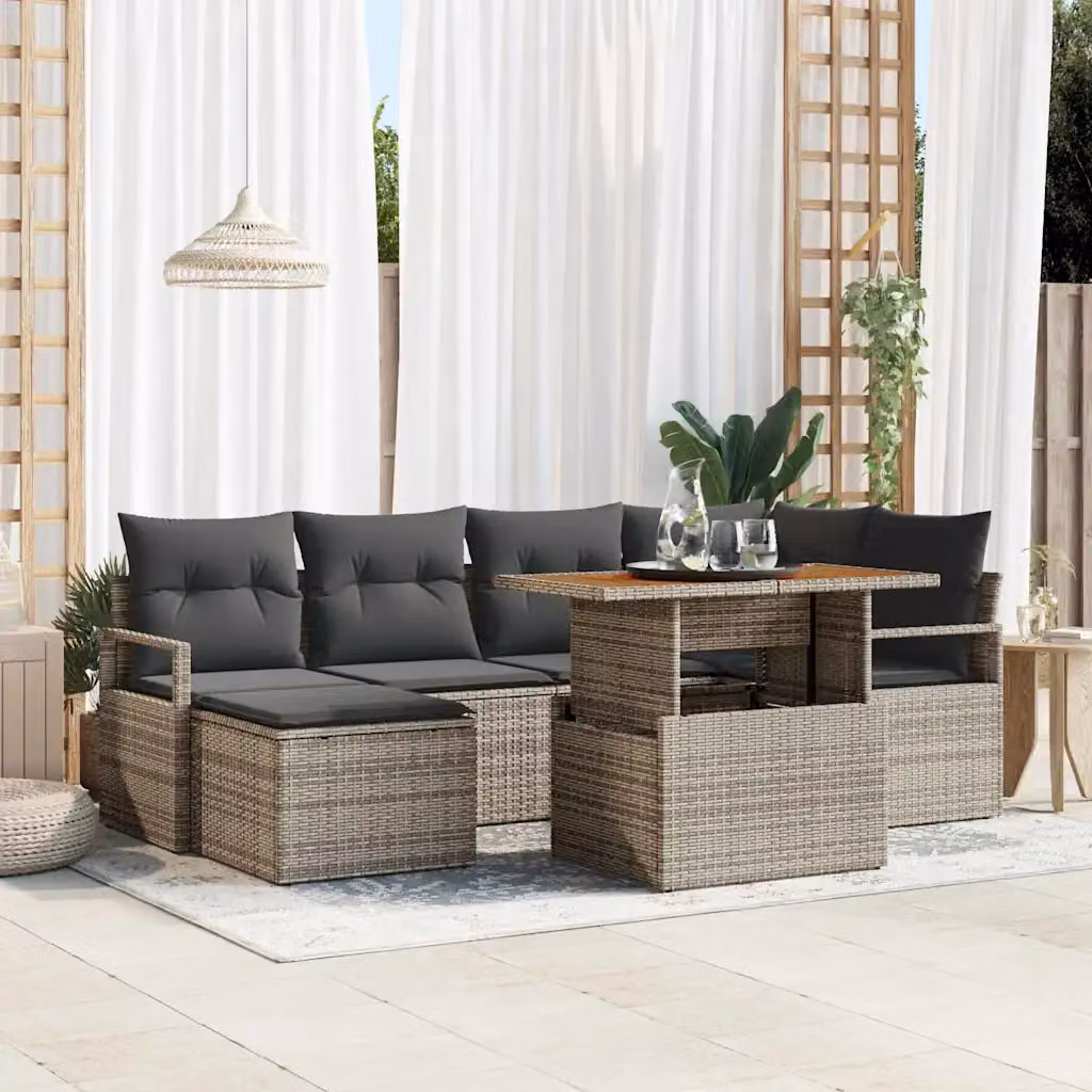 Set Divano da Giardino vidaXL 7 Pezzi a Forma di L in Rattan Grigio con Cuscini e Tavolino – 1