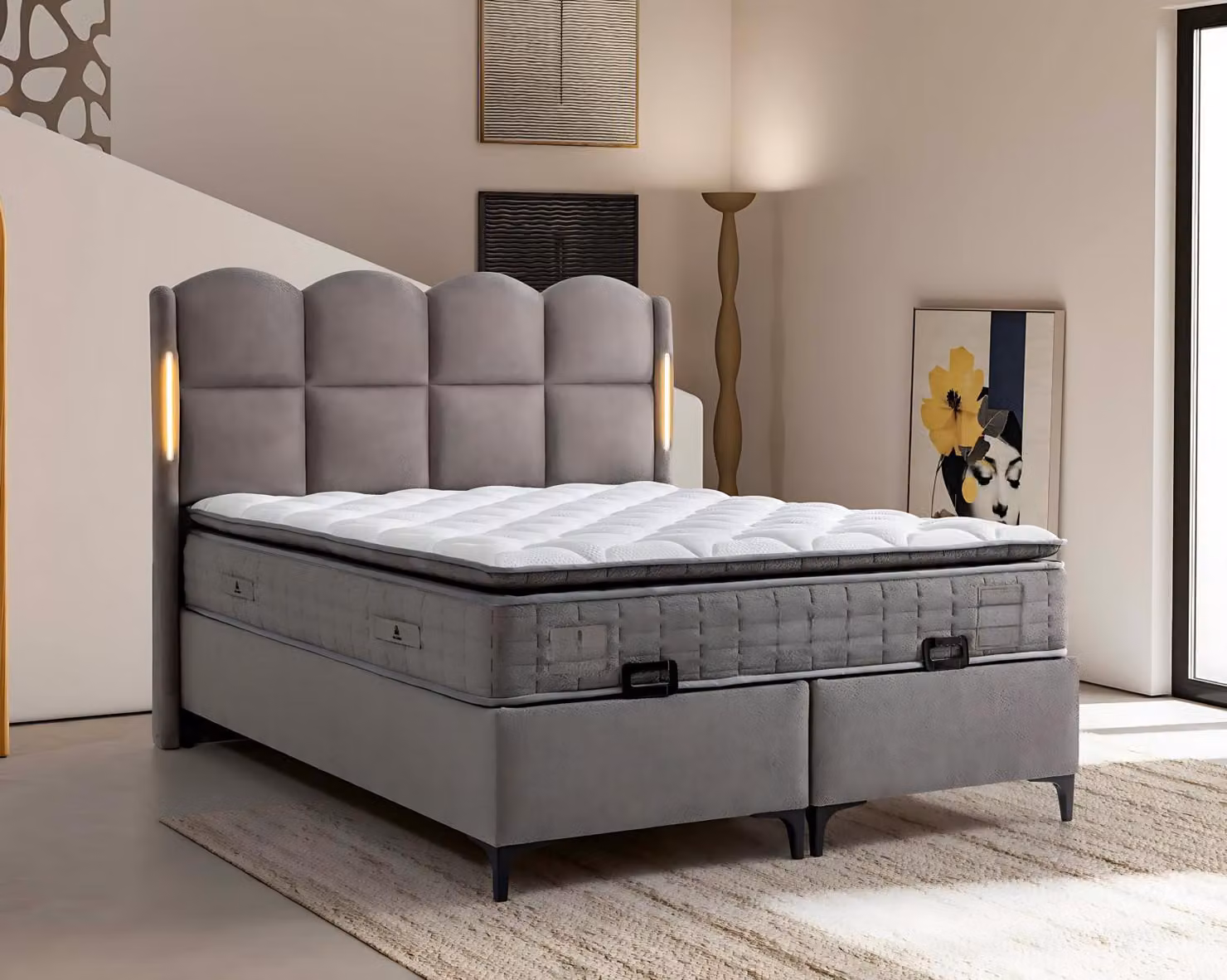 Graues Bett mit Matratze aus Textil und Holz, modernes Design