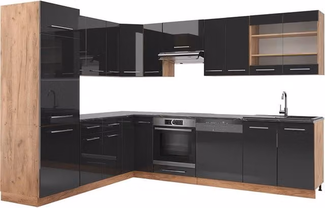 Cucina angolare completa Fame-Line Vicco in antracite lucido e rovere dorato L/P/H: 287 x 227 x 85 cm – 1