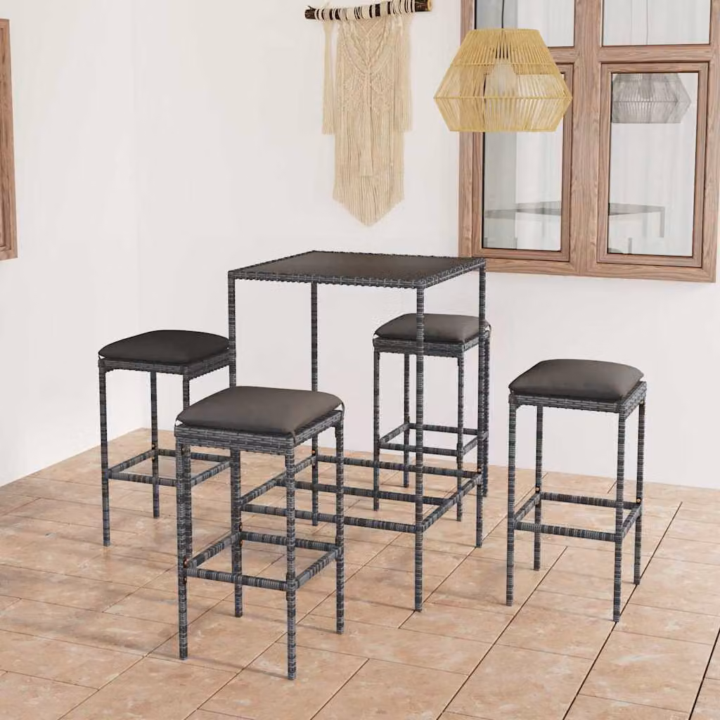 Set da Bar da Giardino vidaXL in Polyrattan e Metallo con Cuscini Grigio Antracite e Tavolo in Vetro, 5 Pezzi – 1