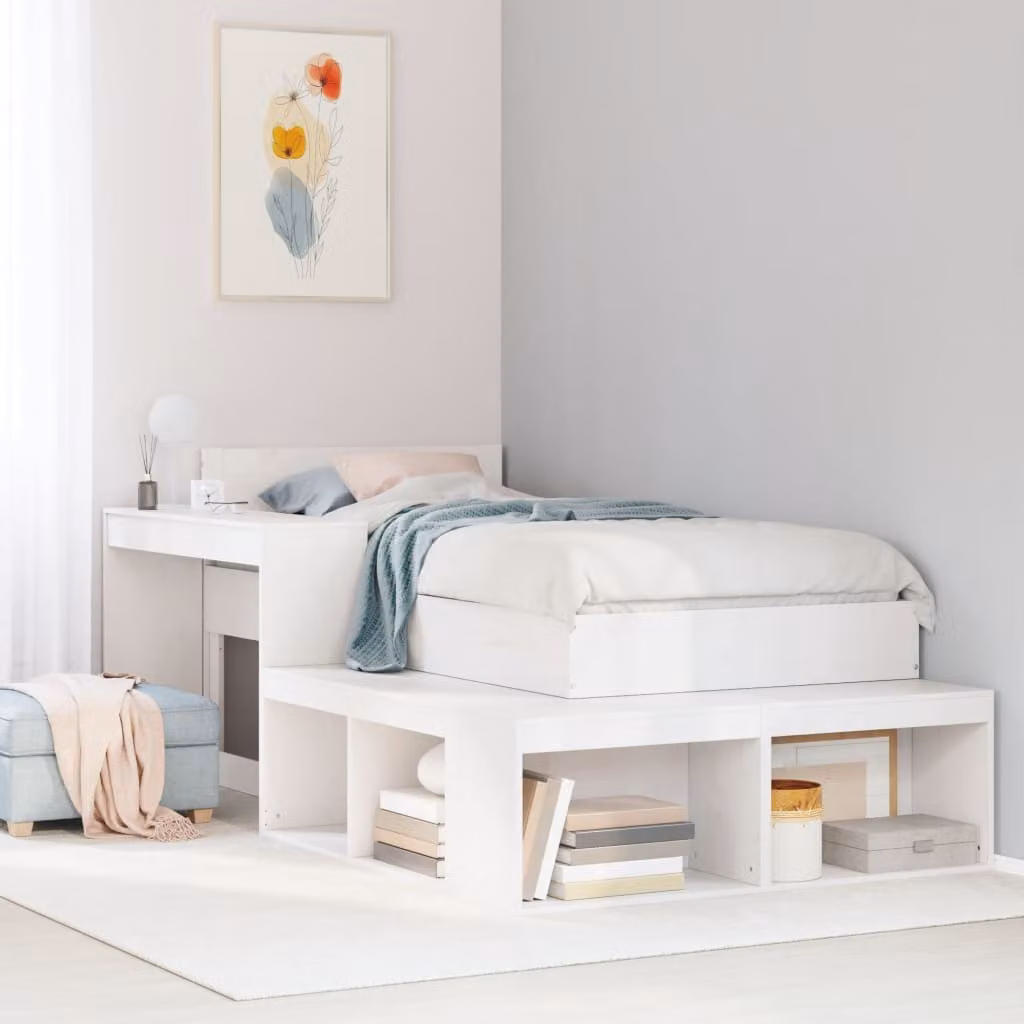 vidaXL Comodino con Scrivania Bianco in Legno Massello di Pino L: 232 cm, P: 122 cm, H: 75 cm