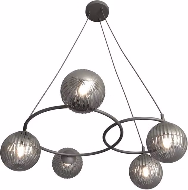Lampadario Moderno Luceart-Classic con 5 Luci, Cerchi e Diffusori in Vetro Rigato Fumè e Metallo, Colore Grigio e Nero, Altezza Regolabile