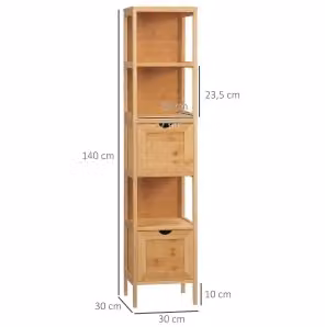 Mobiletto da bagno MODFU in bambù marrone con ripiani e cassetti, L/P/H: 30 x 30 x 140 cm – 2