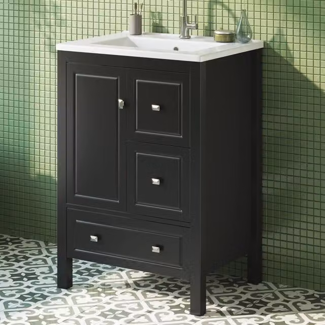 Mobile sottolavabo da bagno con lavabo in ceramica, 1 porta e 3 cassetti, in MDF laccato, nero, 62 × 47 × 90 cm