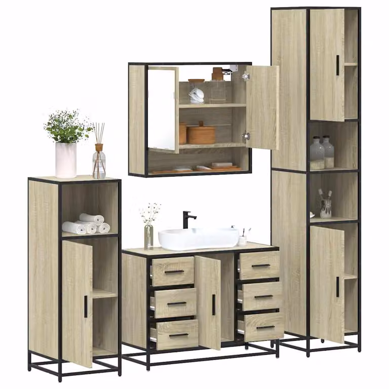 Set di mobili da bagno 4 pezzi vidaXL in stile industriale, colore marrone e beige, con armadietto specchio, mobile lavabo, mobile laterale e colonna alta in legno e metallo con illuminazione LED