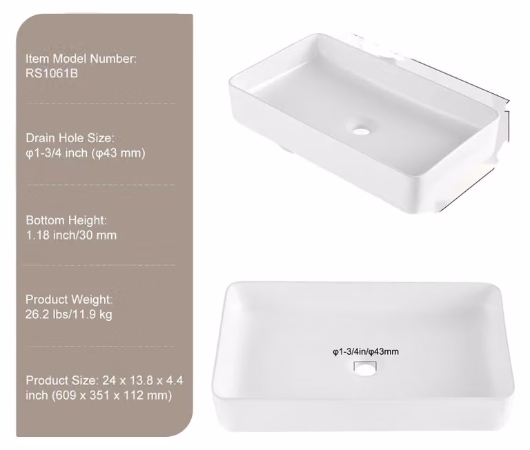 Lavabo, forma rettangolare, materiale ceramico resistente, dimensioni 24x13,8 pollici