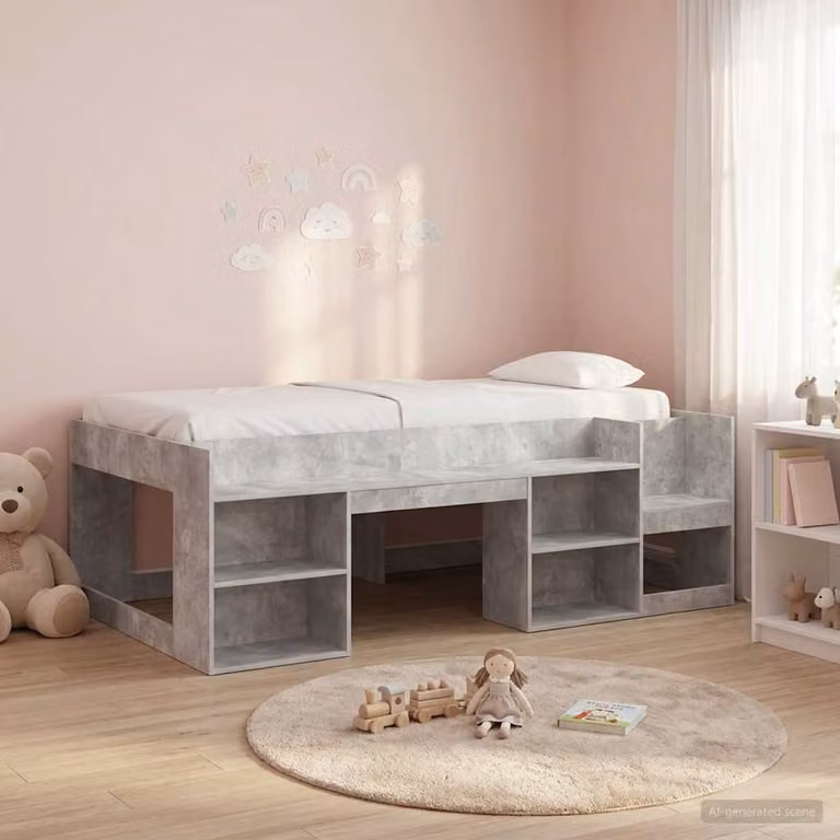 vidaXL Letto Singolo Rialzato per Bambini con Ripostiglio e Scale, Grigio e Marrone, L/P/H: 193.5 x 120 x 118.5 cm