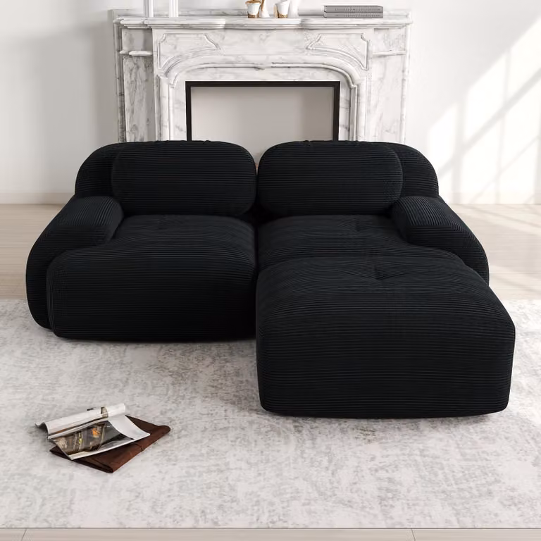 Divano angolare, rivestito in tessuto, senza struttura a vista, modulare, con braccioli curvi, senza necessità di montaggio, altamente elastico (colore: nero)