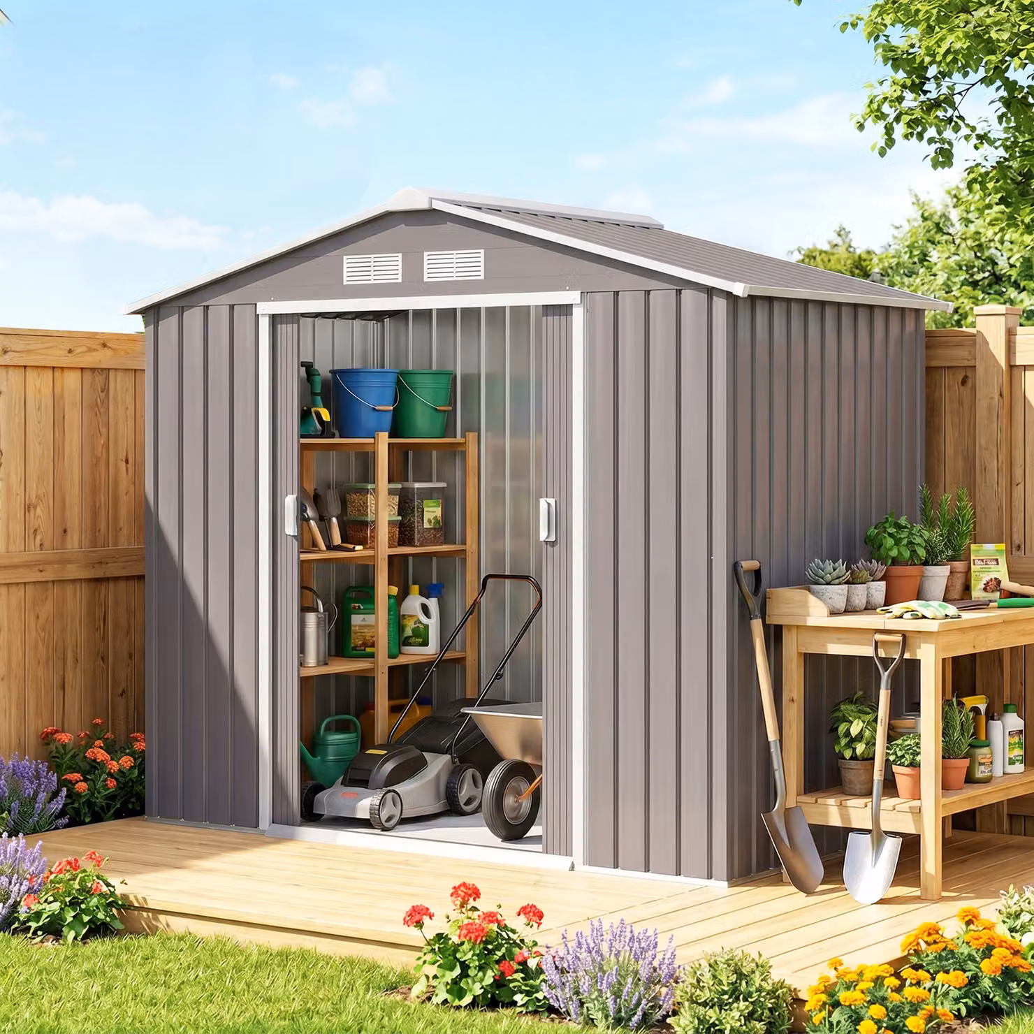 Casetta da Giardino Outsunny in Acciaio con Porte Scorrevoli, Capanno Attrezzi Grigio, L/P/H: 213 x 130 x 185 cm – 2