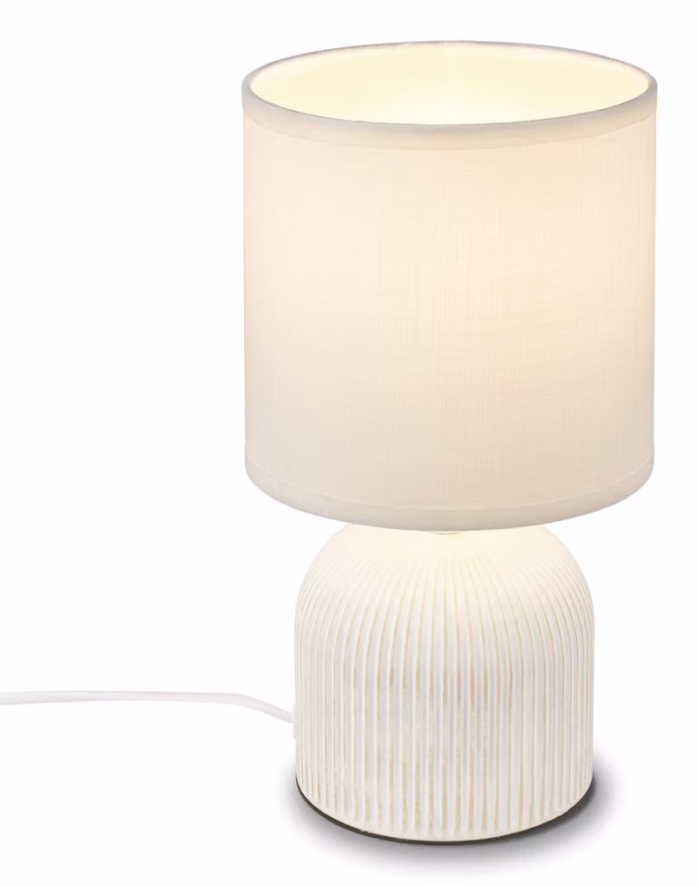 Lampada da tavolo con paralume in tessuto e interruttore sul cavo, base in Vetroceramica, dimensioni 15x28 cm, colore bianco