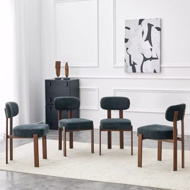 Sedie da pranzo, 4 pezzi in lino con schienale curvo, imbottitura in schiuma e telaio in ferro nero, 57 × 49 × 82,5 cm