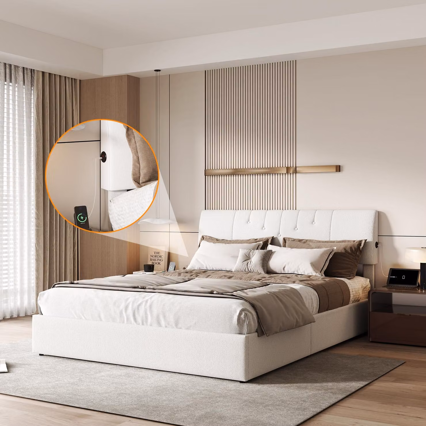 Letto imbottito Fortuna Lai 160x200cm, giroletto idraulico con connessione di ricarica USB sulla testata, letto per adulti con contenitore, orsetto in pile, bianco