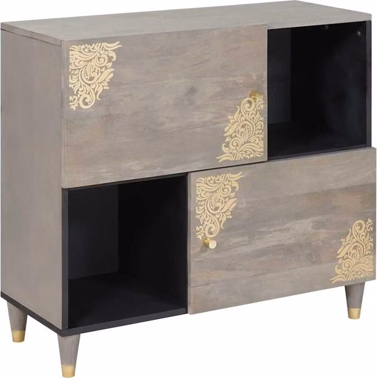 Credenza Grigio e Oro 80 x 33 x 75 cm Legno di mango massello