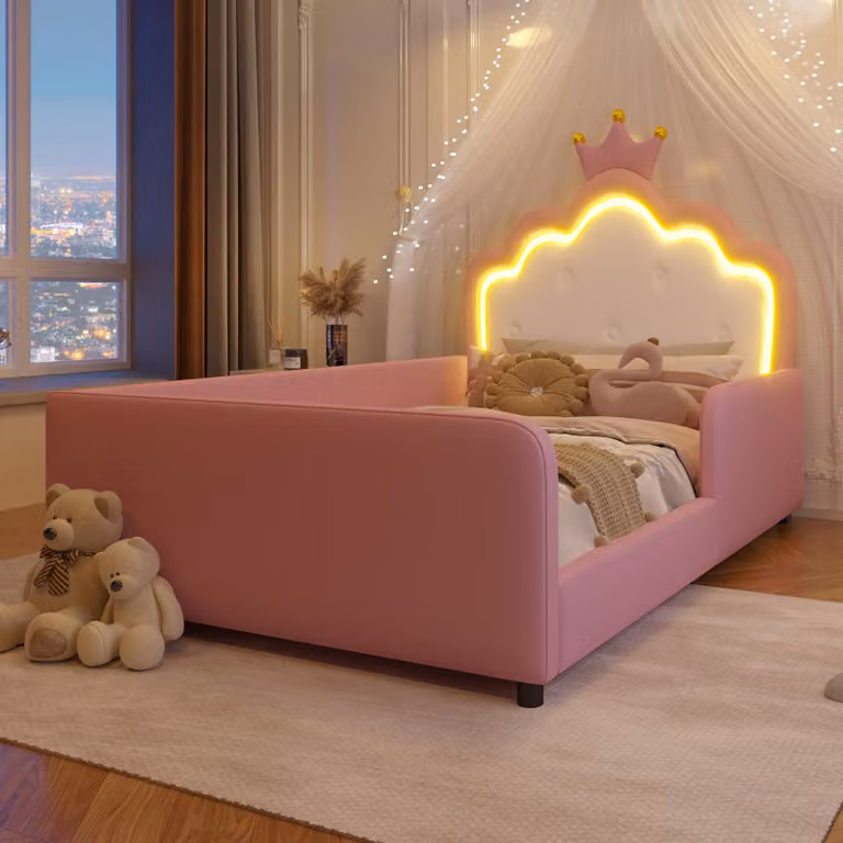 Letto imbottito Merax 90x190 cm, letto a baldacchino con piattaforma e testiera a forma di , barra luminosa LED, sponde di sicurezza, letto per bambini in PU, letto per adolescenti, rosa